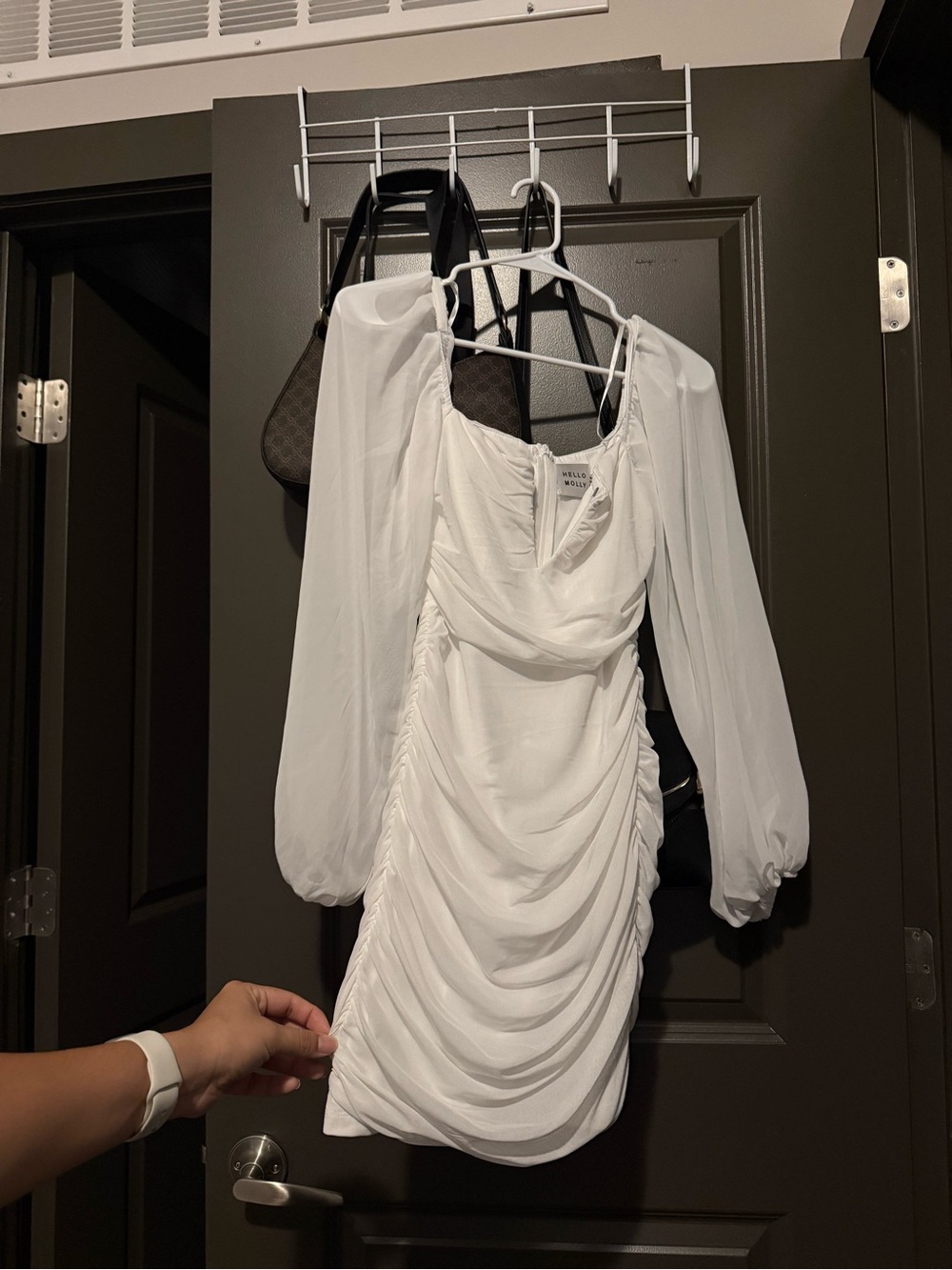 Hello Molly White Ruched Long-Sleeve Mini Dress